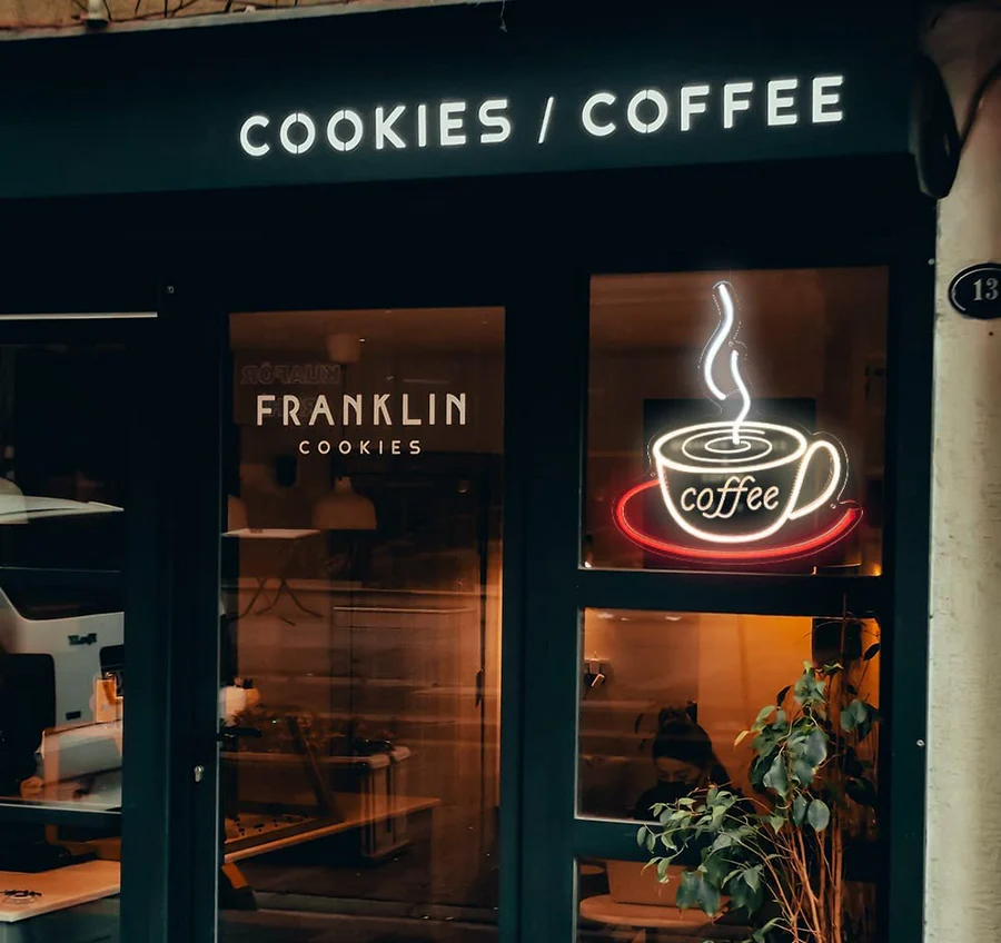 Modern custom shop front signboard with brand logo and lighting